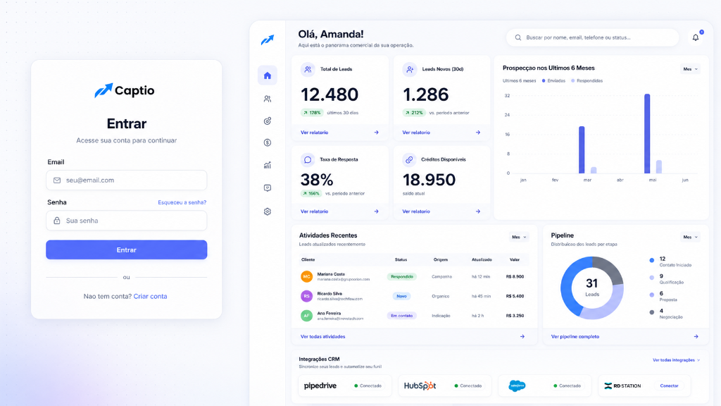 Interfaz de Captio con login y dashboard comercial